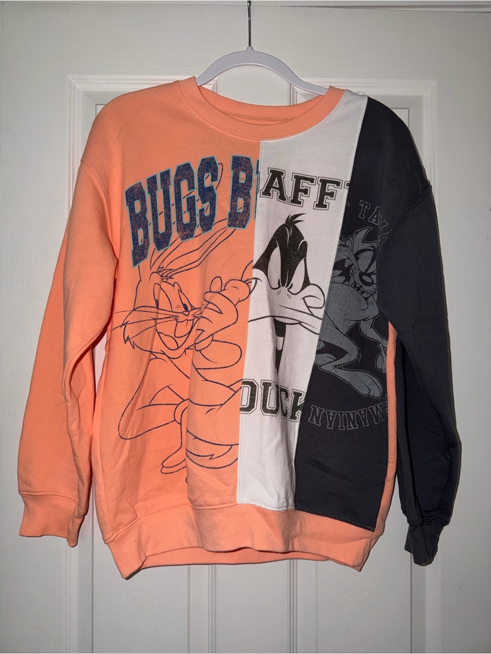Women’s Peach Colorblock Looney Tunes Sweatshirt with Bugs Bunny & Daffy Duck